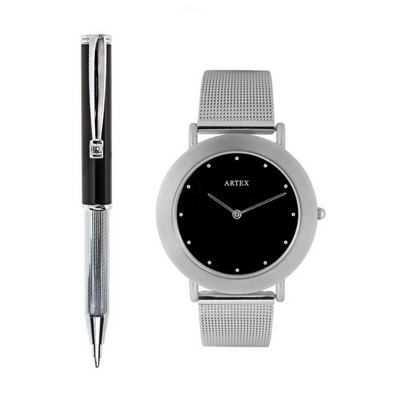 ARTEX 雅緻伸縮原子筆+手錶 雙組合/ 黑 - 女裝錶 - 不鏽鋼 銀色