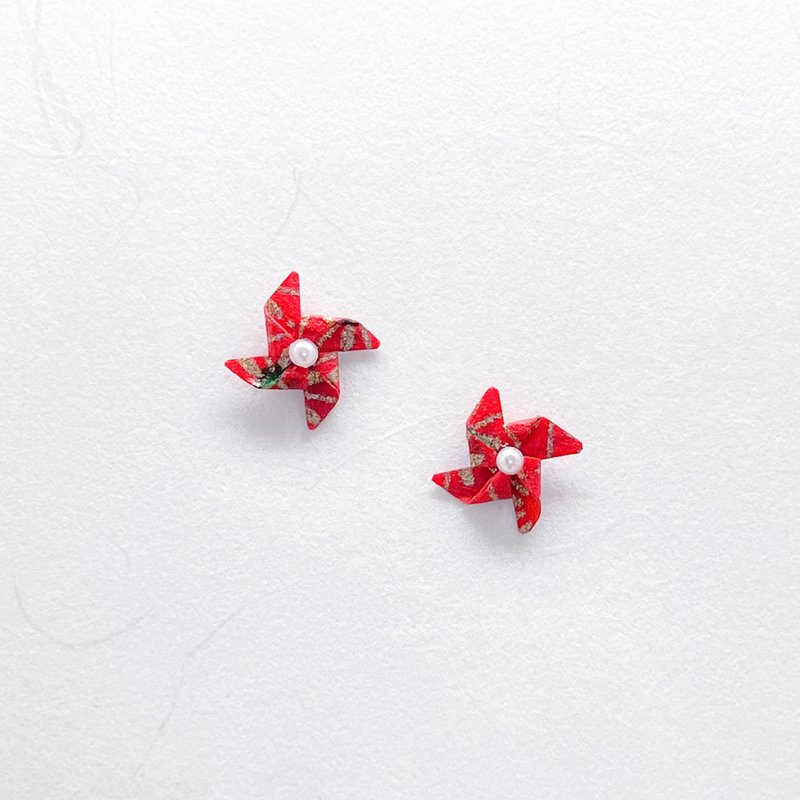 Chearrings | Origami 日本和紙 手工摺紙 風車耳環 | 款式W001 - 耳環/耳夾/耳骨夾 - 紙 紅色