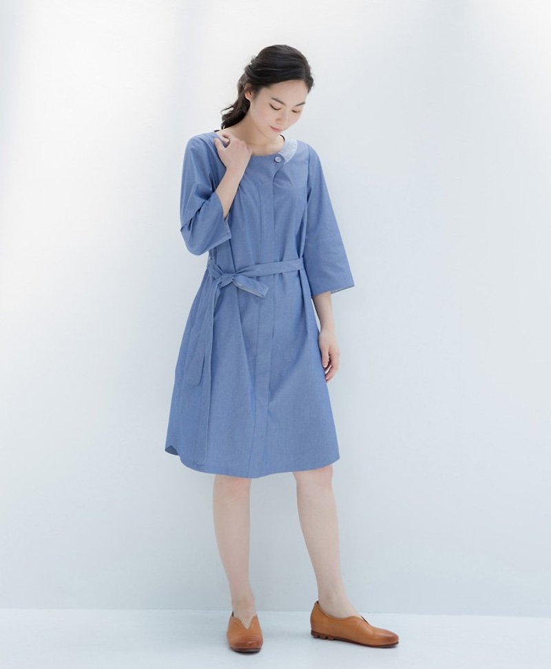 Octave Clothes Tie Blouse Dress - ชุดเดรส - ผ้าฝ้าย/ผ้าลินิน สีน้ำเงิน