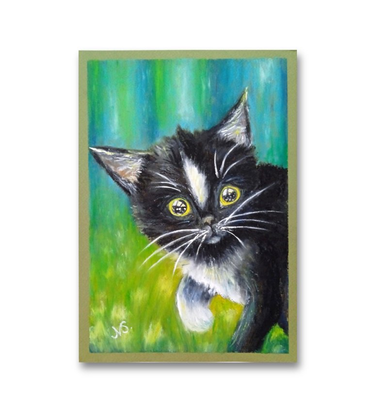 Black Cat Painting Original Kitten Oil Pastel Artwork Handmade Wall Art - 壁貼/牆壁裝飾 - 紙 多色