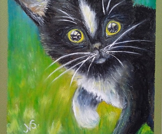 黒猫の絵画オリジナル子猫オイルパステルアートワーク手作りウォール