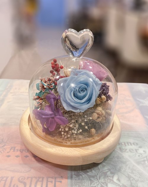 米夏花藝.手作.傢飾 永生花玻璃盅 夜燈 永生玫瑰 愛心款 防塵罩