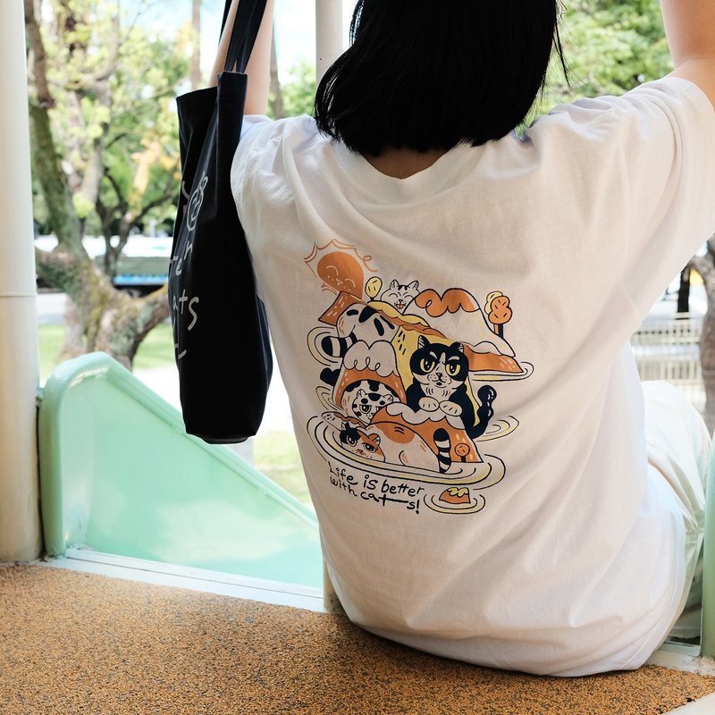 白色貓島 T / 白天貓島 - 女 T 恤 - 棉．麻 白色