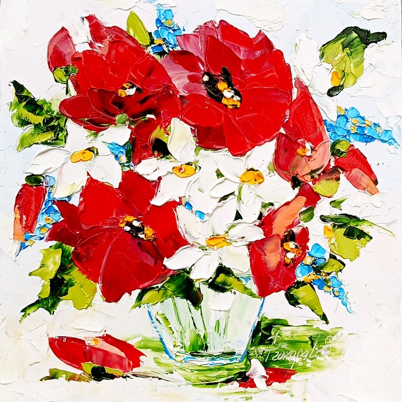 Poppy Painting Flower Original Art 10 x 10 - 壁貼/牆壁裝飾 - 其他材質 紅色