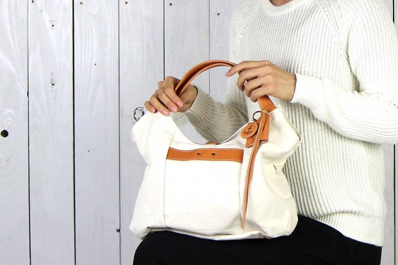 tanton-mini_ generated Kurashiki canvas x leather tote bag - กระเป๋าถือ - ผ้าฝ้าย/ผ้าลินิน ขาว