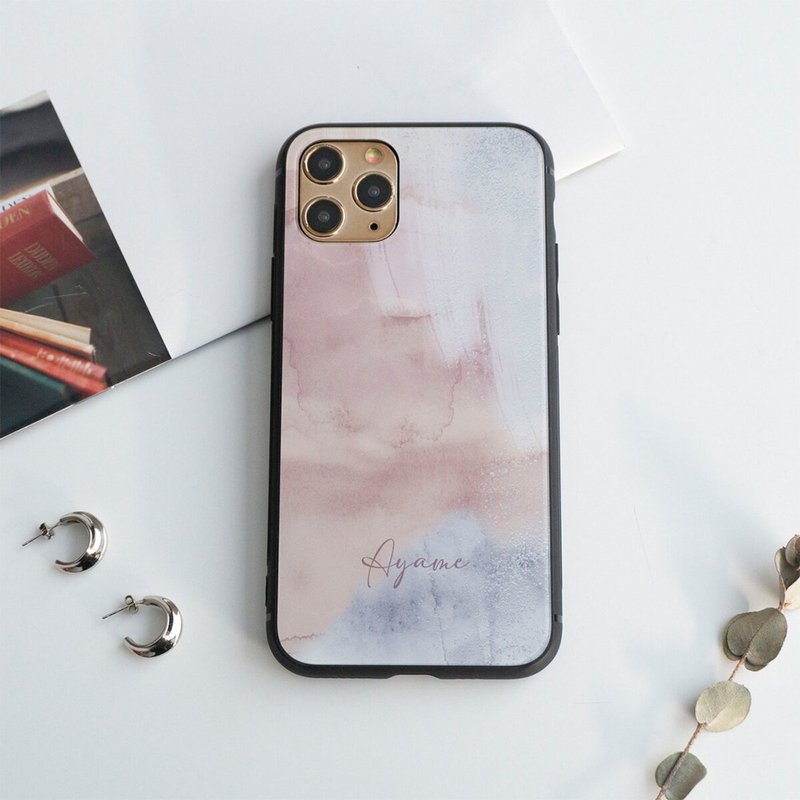 多機種対応 スマホケース ガラス 【 ニュアンスアート 名入れ 】 スマホリング くすみカラー アート 文字入れ iPhone JI49U - 手機殼/手機套 - 塑膠 粉紅色