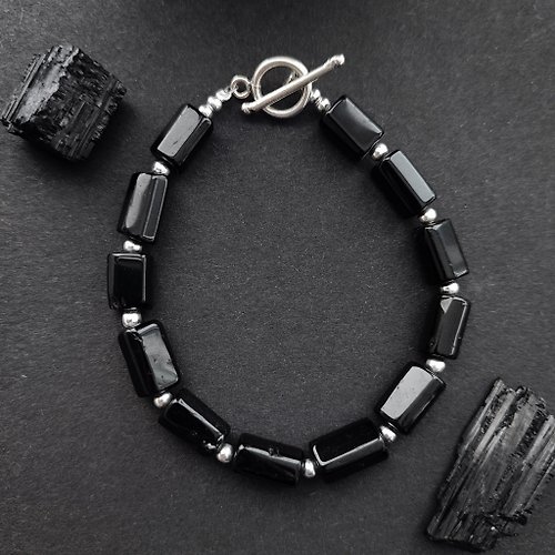 Saligram Store Black Tourmaline Bracelet with Silver Toggle Clasp /Protection, Grounding Amulet