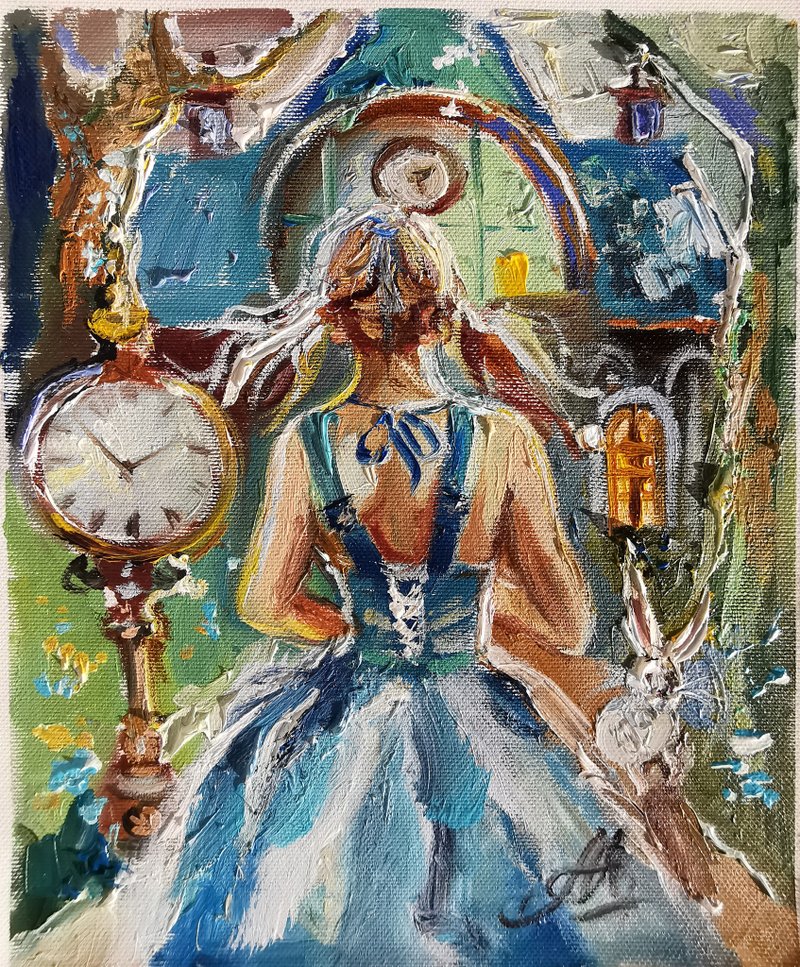 女性的沉思 原創微型油畫。 - 壁貼/牆壁裝飾 - 其他材質 藍色