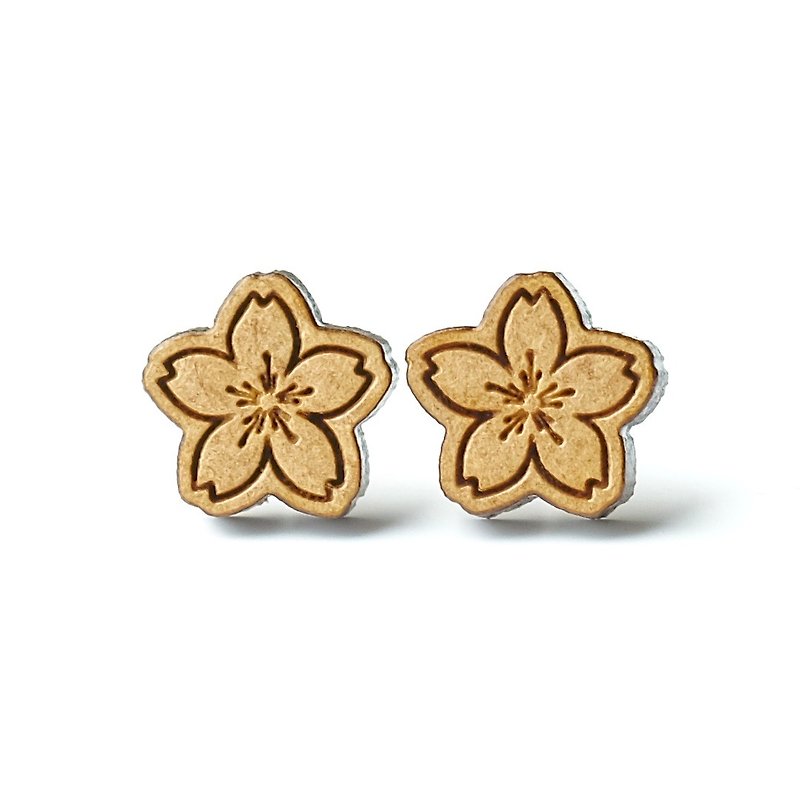 Plain wood earrings-Cherry blossoms - ต่างหู - ไม้ สีนำ้ตาล