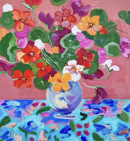 油絵　絵画　原画　ねこと花束 花の絵 すずらん アート 「巡る幸せを花束に」