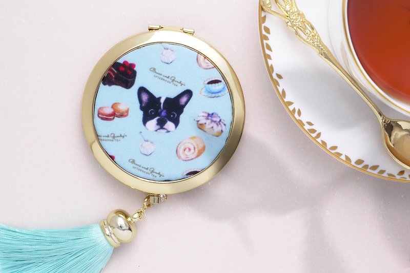 French Bulldog Compact Mirror/ Foldable Mirror/ Pocket Mirror【Bruni・PINK】 - Makeup Brushes - Other Materials Blue