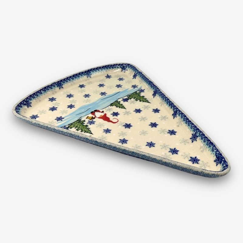 Polish hand-painted pottery-triangular shaped plate 29x22cm Snowland Elf series designer model - จานและถาด - ดินเผา สีน้ำเงิน