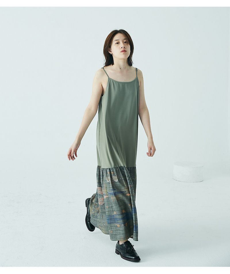muterumours patchwork strap dress Bean paste green Adjustable length - One Piece Dresses - Other Materials 