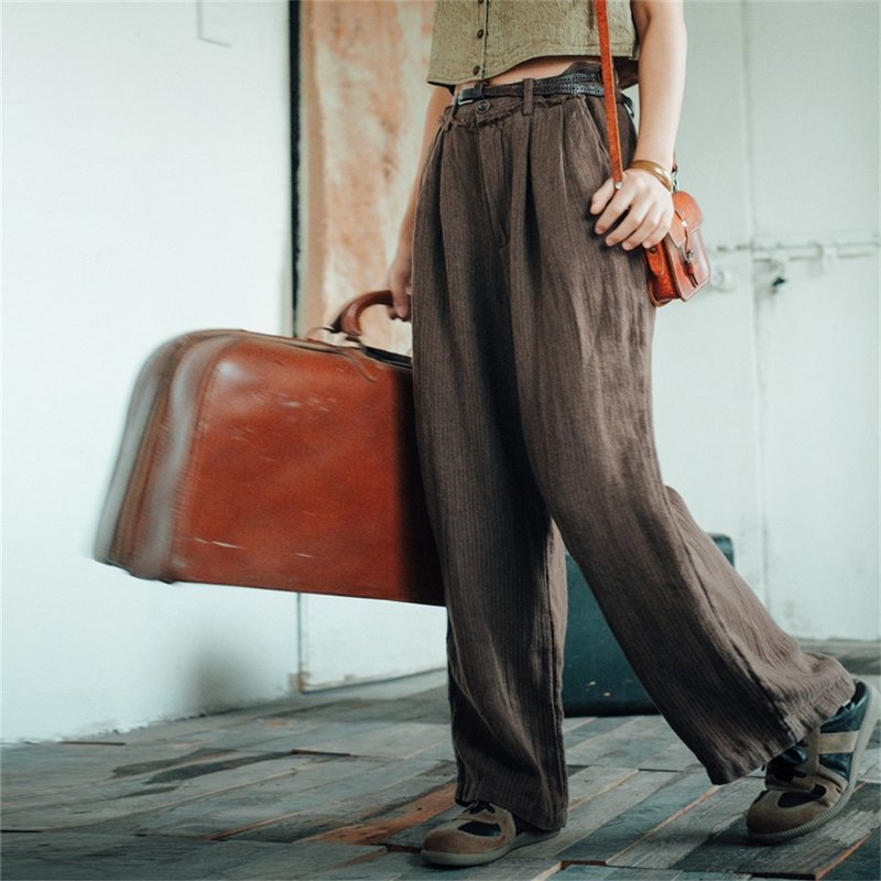 Brown Retro Casual Versatile Striped Linen Straight Pants Wide Leg Pants - Women's Pants - Cotton & Hemp Brown