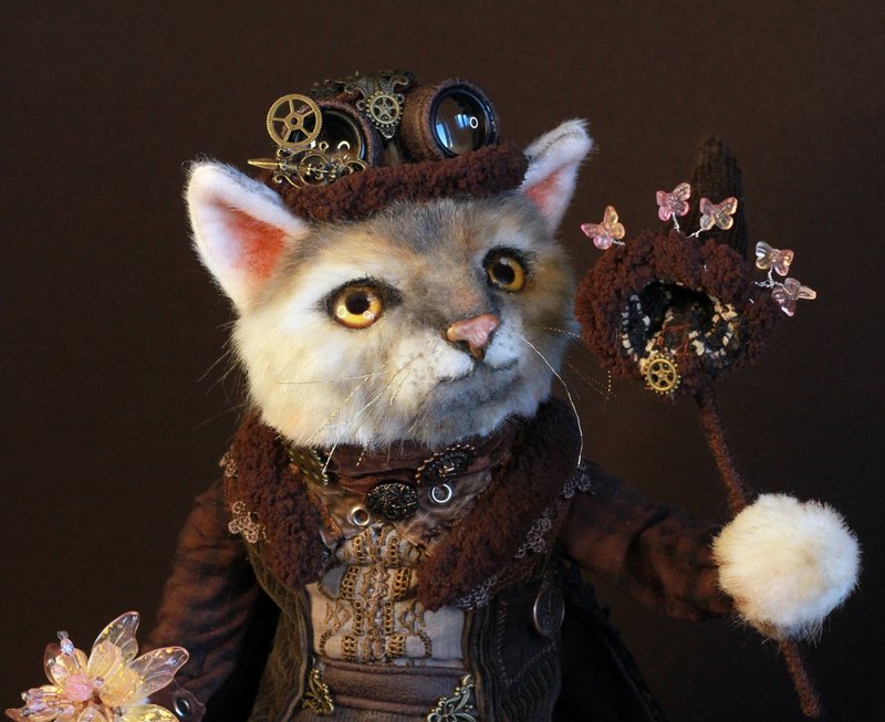 OOAK Steampunk Cat Doll, Winston the Cat Stuffed Faux Fur Doll - 公仔/玩偶 - 其他材質 多色