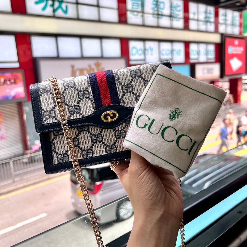 【日本中古】Vintage Gucci 1980's 老花迷你包 WOC 附原裝塵袋 - 化妝包/收納袋 - 真皮 藍色