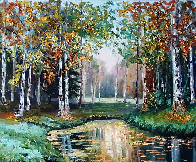 Original Landscape Oil Painting Boat Handmade Artwork Birch Trees