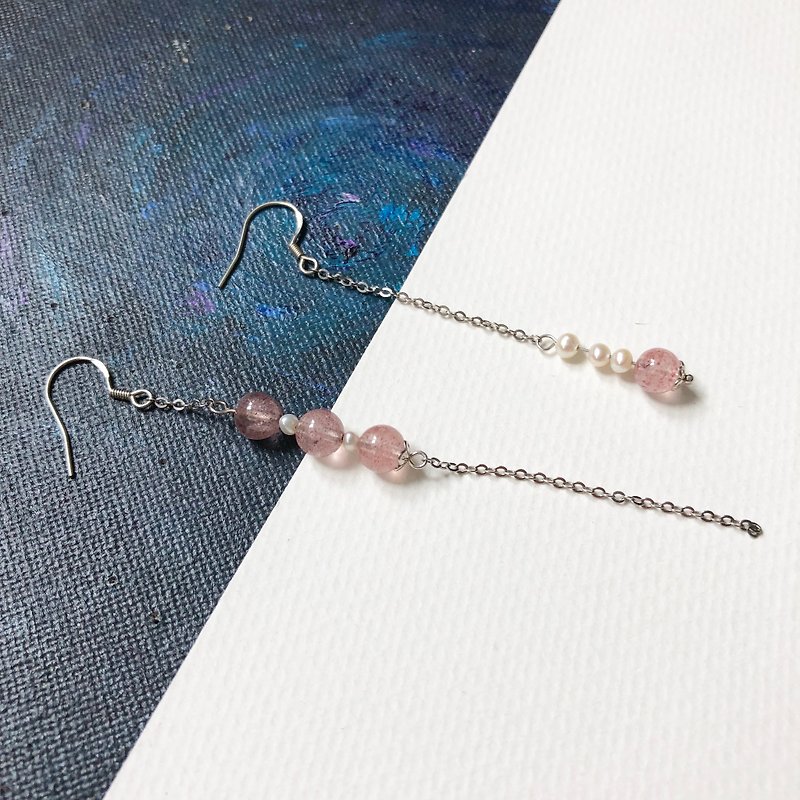 925 Silver-Natural Strawberry Crystal & Pearl Piercing Earrings Asymmetrical - Earrings & Clip-ons - Gemstone Pink