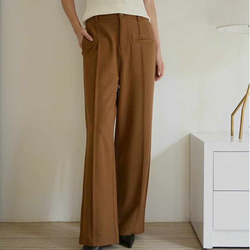 直褶顯瘦修長-落地厚棉西裝寬褲-棕色 - 女裝闊腳褲/長褲 - 聚酯纖維 咖啡色
