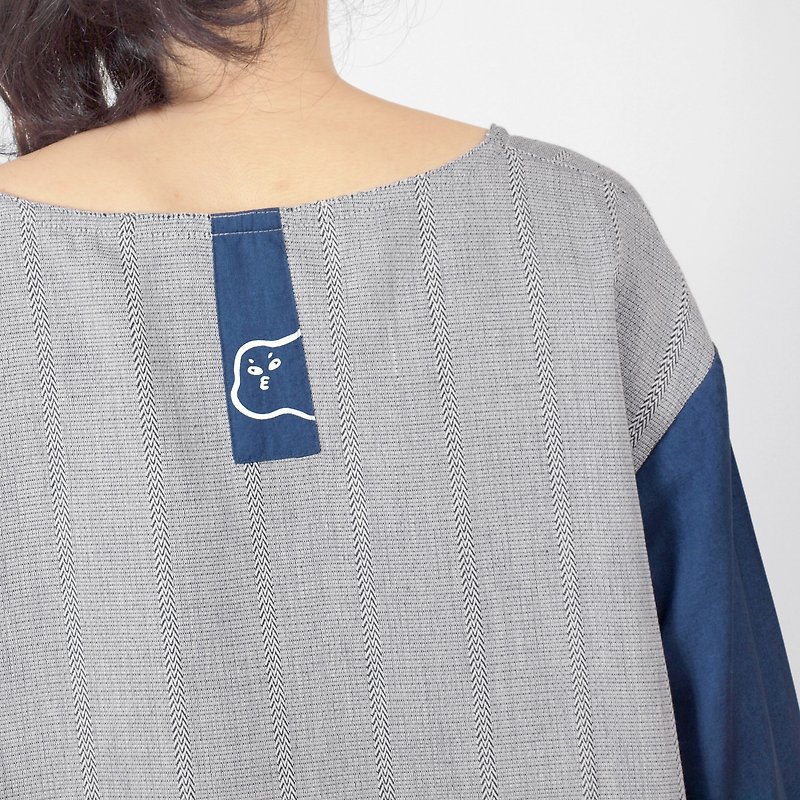 【HEYSUN】Carefree / Grey Long Sleeve Stitching Tee - Women's Tops - Cotton & Hemp Blue