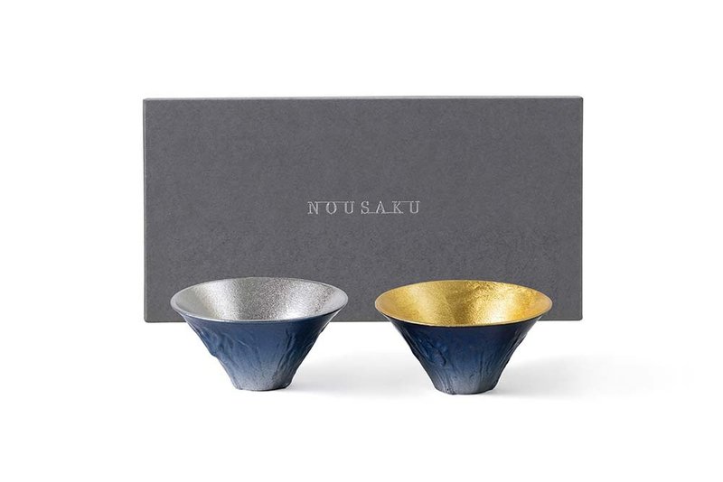 藍色富士山風情對杯禮盒(金箔・純錫) - 酒杯/酒器 - 貴金屬 多色