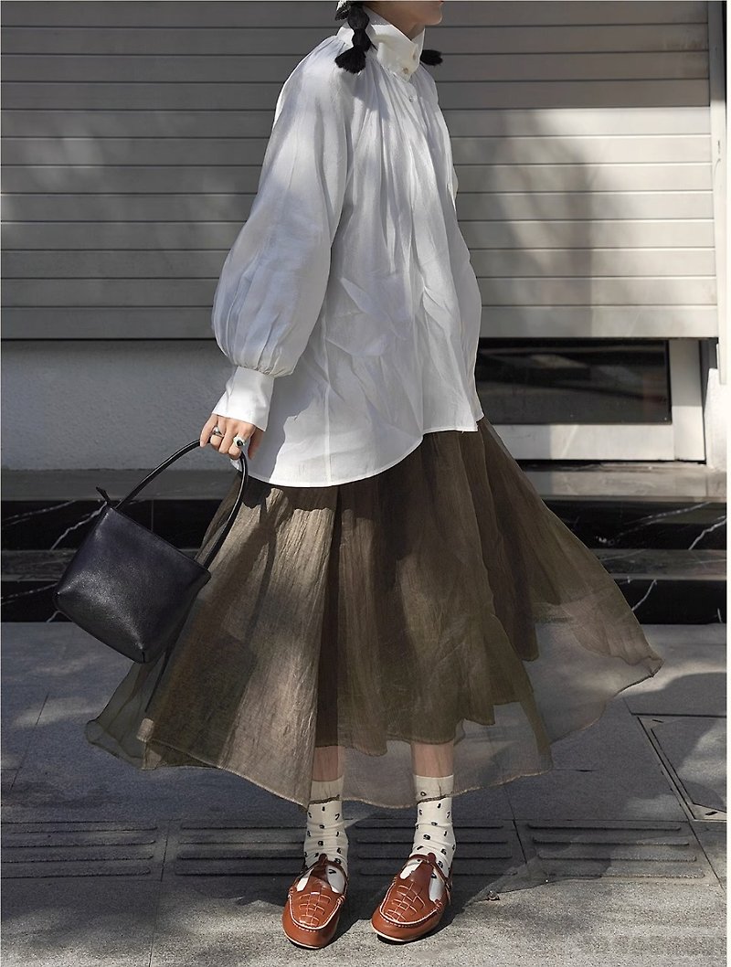 ダークグリーンのマルベリーシルク手縫いガーゼスカート シルクスカート - スカート - シルク・絹 グリーン