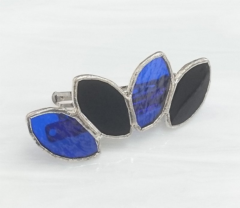 Stained glass barrette [Leaf] Black and blue - Hair Accessories - Glass Blue