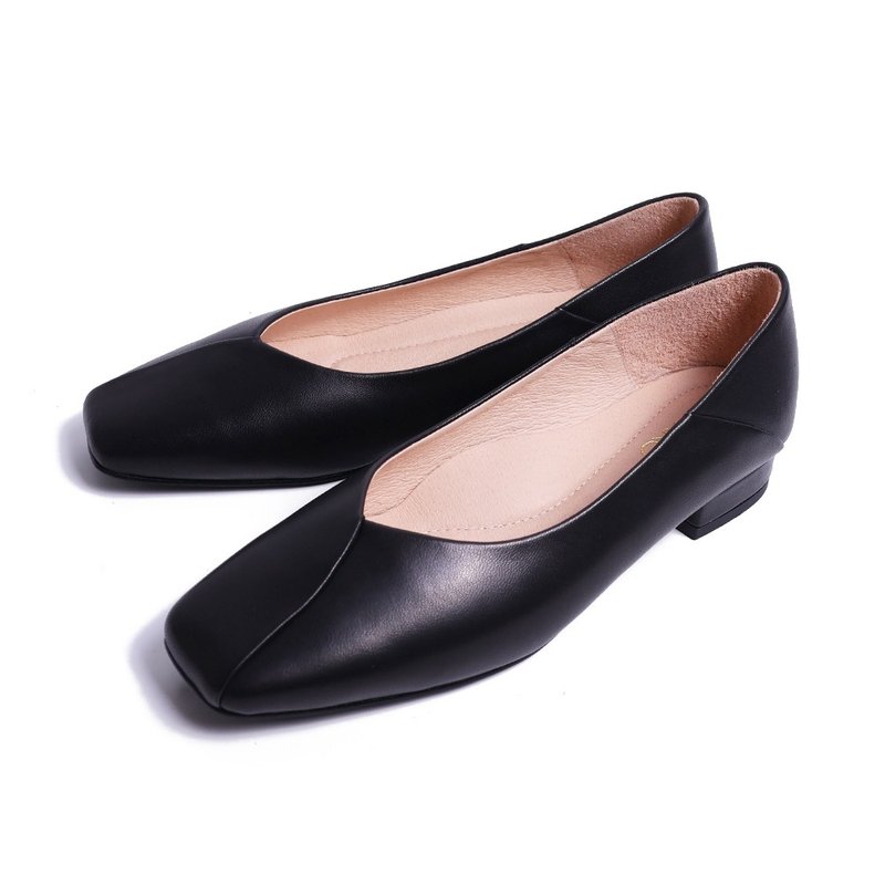 氣質拼接柔軟綿羊皮低跟包鞋黑色 - 娃娃鞋/平底鞋 - 真皮 黑色