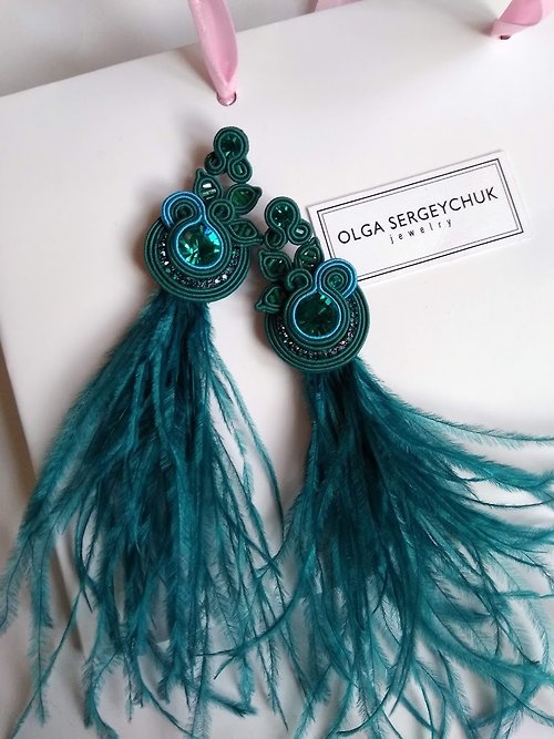 Olga Sergeychuk jewelry Earrings Floral earrings with feather tassels in ocean blue color Christmas Gift