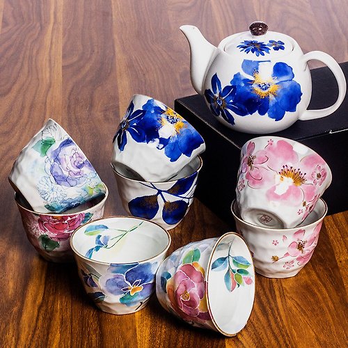 日本药师窑 美濃燒日本原裝進口和藍陶瓷功夫茶具小套裝家用高檔簡約一壺兩杯