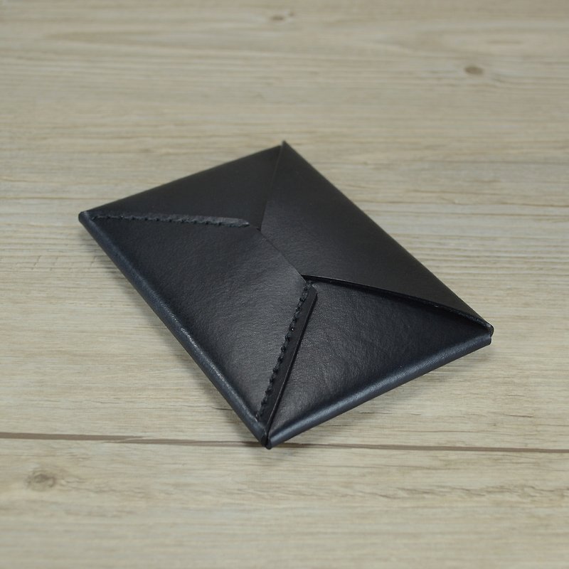 【kuo's artwork】 Hand stitched leather origami coin and business card holder - ที่ใส่บัตรคล้องคอ - หนังแท้ สีดำ