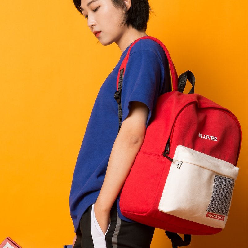 KIITOS东京爱情新款撞色刺绣印花后背包--红色LVOER款双肩包 - 背囊/背包 - 棉．麻 紅色