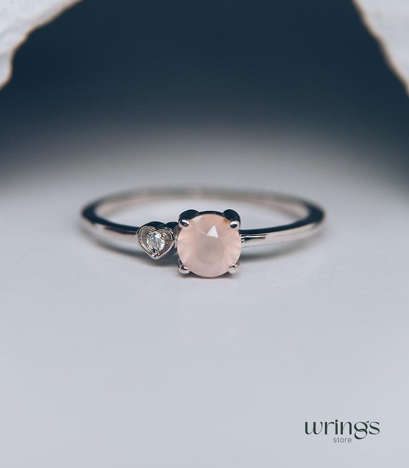 Dainty Rose Quartz Birthstone Ring Silver Band with Side Cubic Zirconia in Heart - General Rings - Silver 