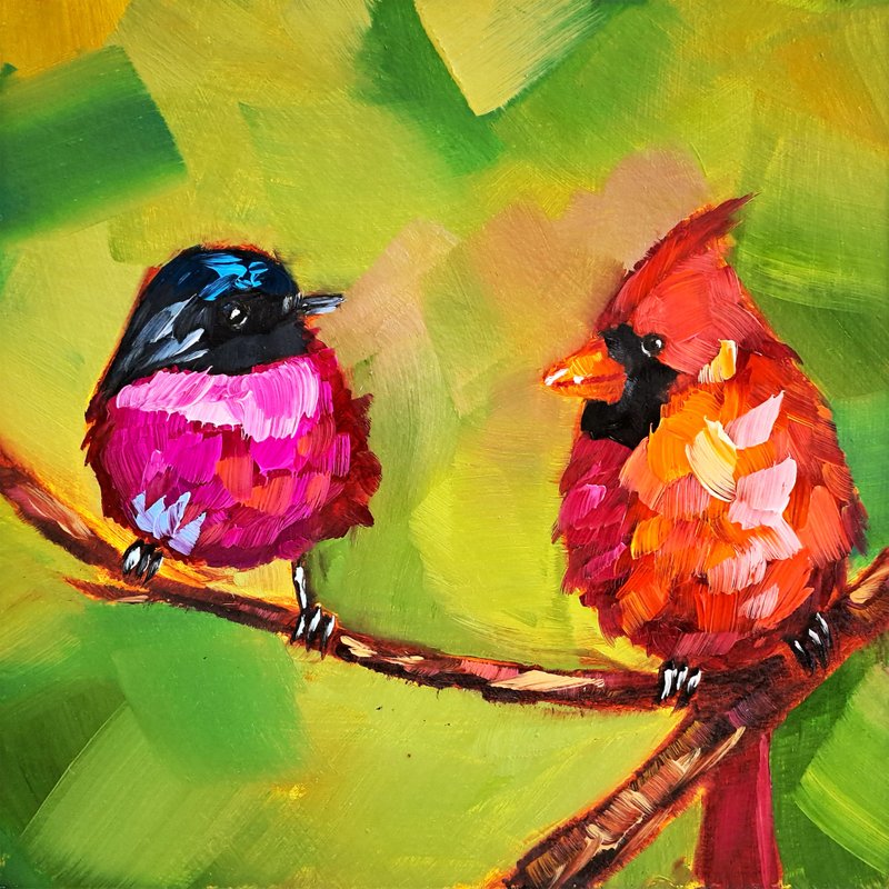 Robin Painting Red Cardinal Original Art Cardinal Bird Oil Painting Pink Robin - 海報/掛畫/掛布 - 其他材質 多色