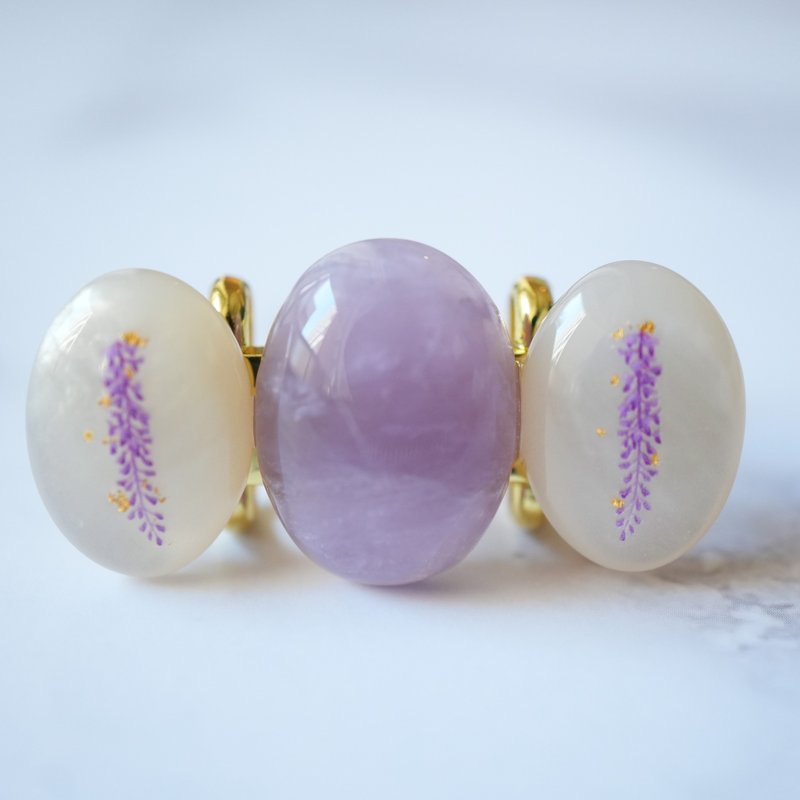 Three-Tiered Obi Clasp with Lavender Jade, Wisteria, and Shell-like Resin with Gold Leaf - Other - Gemstone Purple