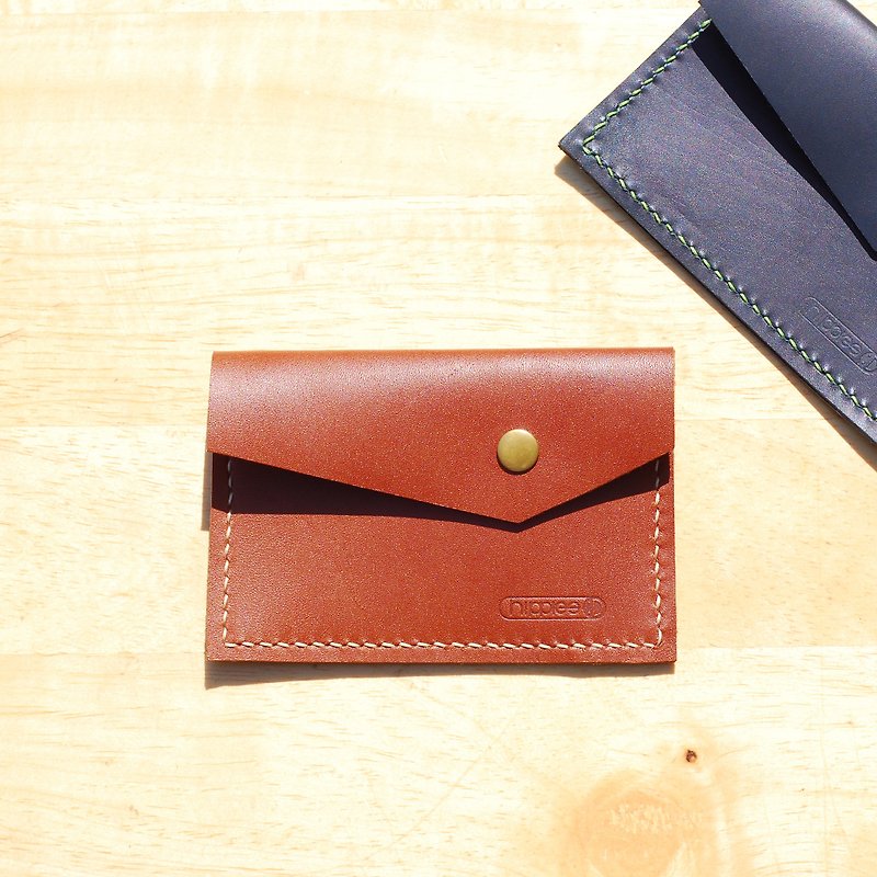 Easy business card holder / coin purse - square leather hand sewing (brown) - Card Holders & Cases - Genuine Leather Brown
