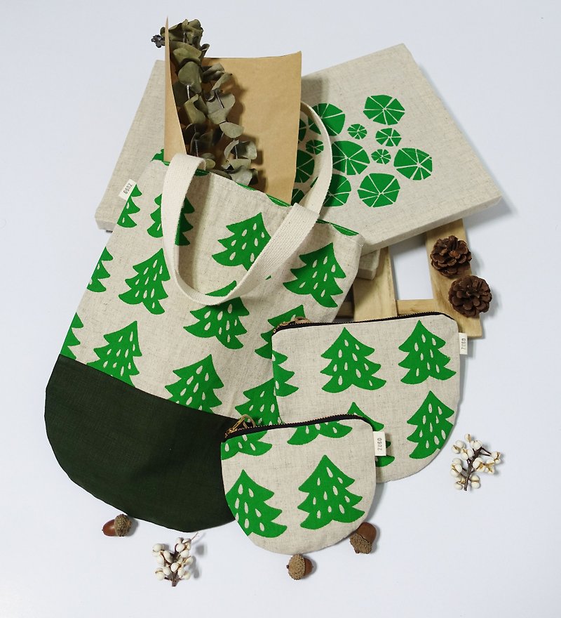 手工絹印 小物包  手提包  植物系列  杉木 - 手提包/手提袋 - 棉．麻 綠色