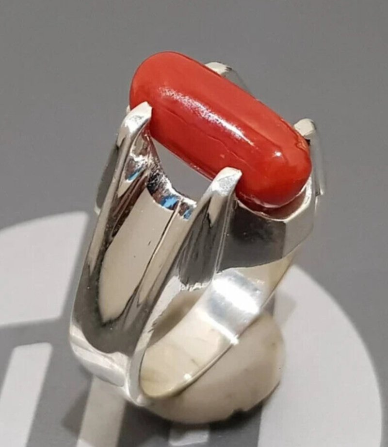 Natural Dark Deep Red Coral Marjan Ring Mens Coral Rings Women Coral Rings gift - 戒指 - 寶石 紅色