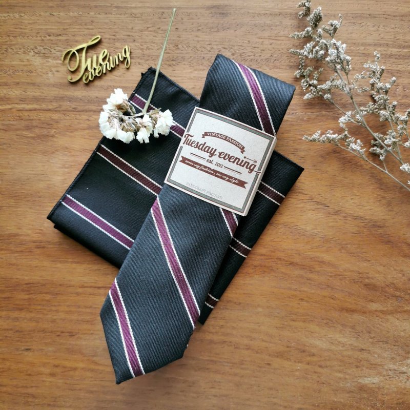 Necktie Charcoal black with Red stripe Set Pocket Square (Red stripe) - 領帶/領帶夾 - 棉．麻 黑色