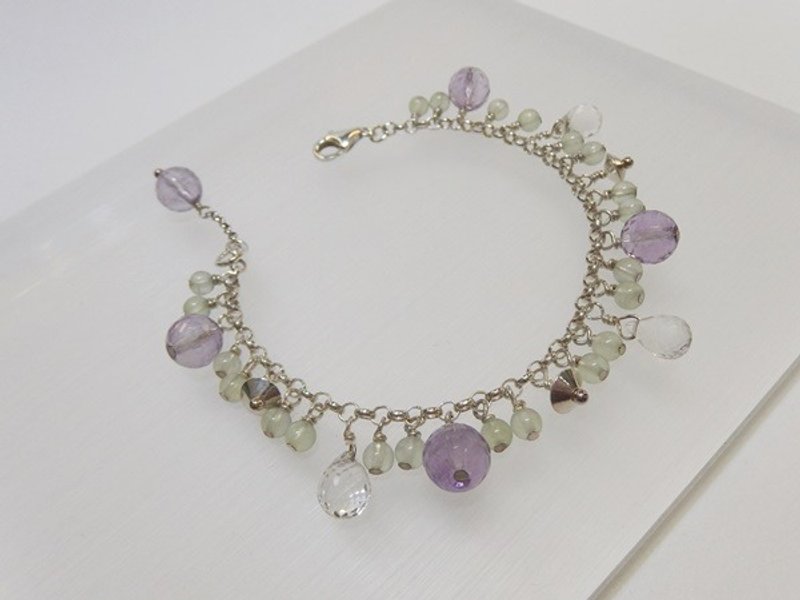 《紫綠為美》- 天然紫黃晶+葡萄石+白水晶純銀手鍊  香港原創設計 - 手鍊/手環 - 寶石 紫色