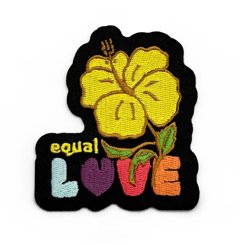 [Flower・Blooming] Hibiscus LOVE Embroidered Patch (Black) - สติกเกอร์ - เส้นใยสังเคราะห์ สีดำ
