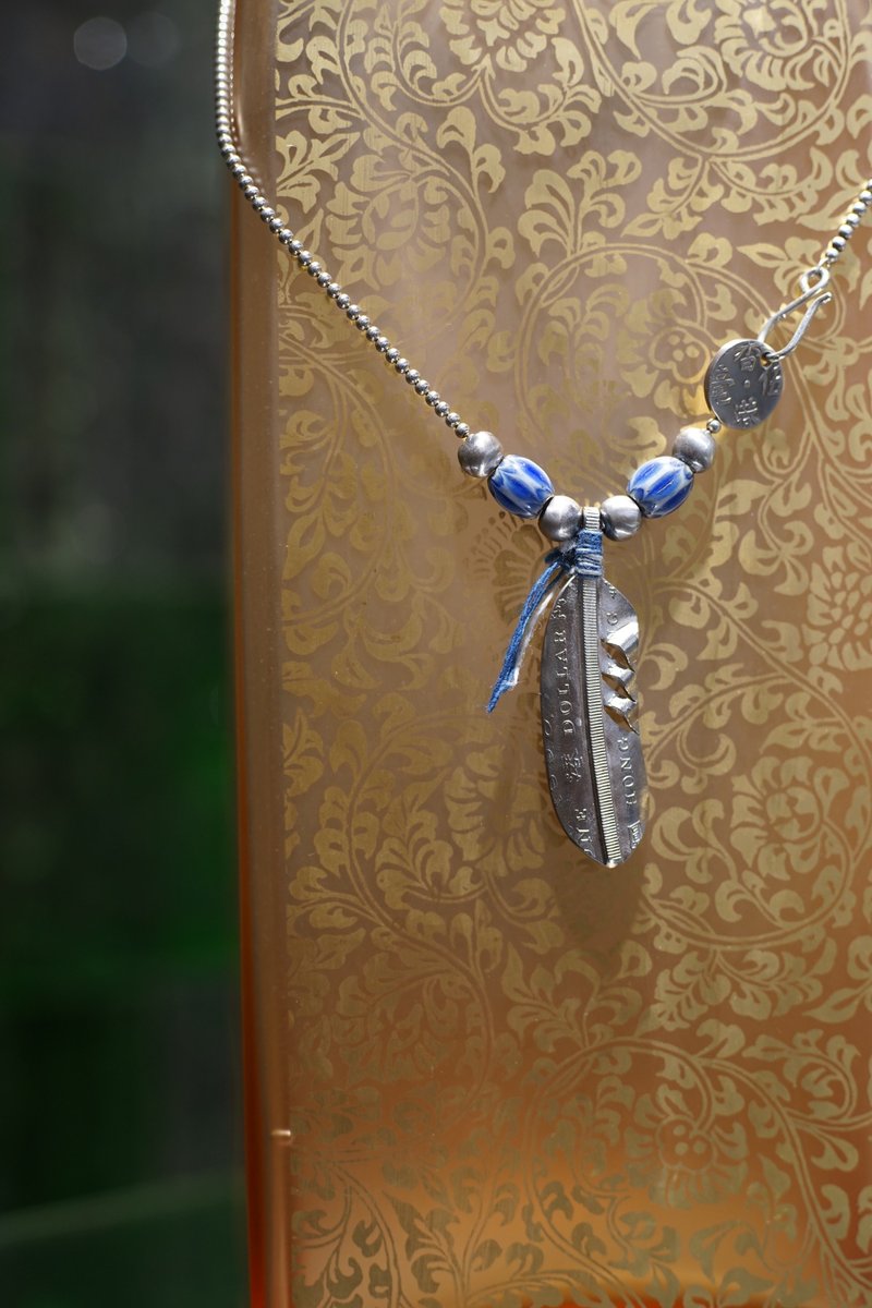 Hong Kong One Dollar Feather Silver Necklace - Necklaces - Silver Blue