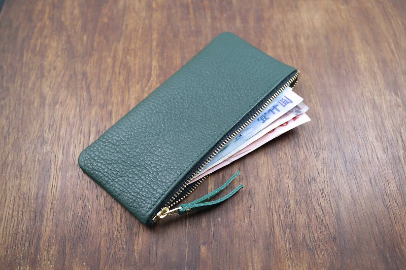 APEE soft leather hand bag zipper ~ ~ ~ banknote bag embossed dark green - กระเป๋าสตางค์ - หนังแท้ สีเขียว
