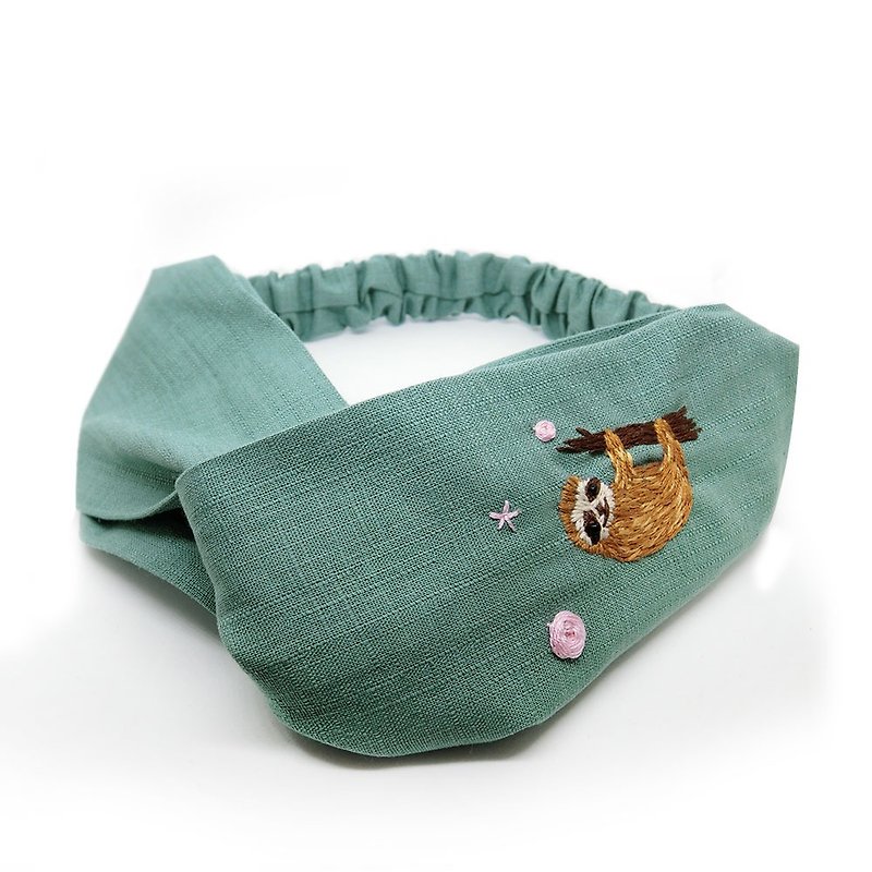 [Shell Art] 100% Handmade Embroidered Headband for Little Sloth - Headbands - Cotton & Hemp Green