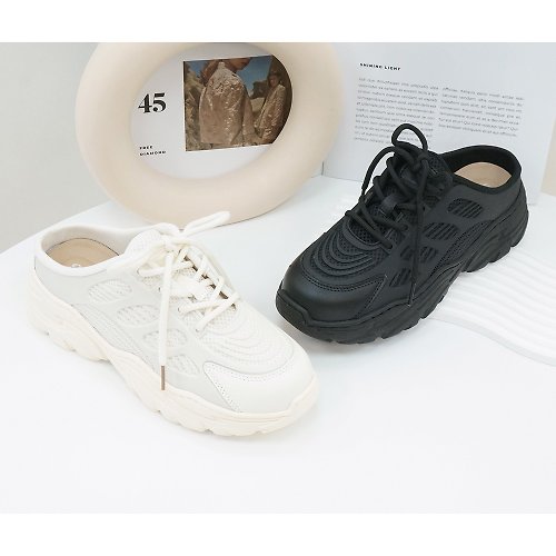 Material瑪特麗歐 女鞋 MIT加大尺碼潮流綁帶輕量厚底穆勒老爹鞋 TG53001