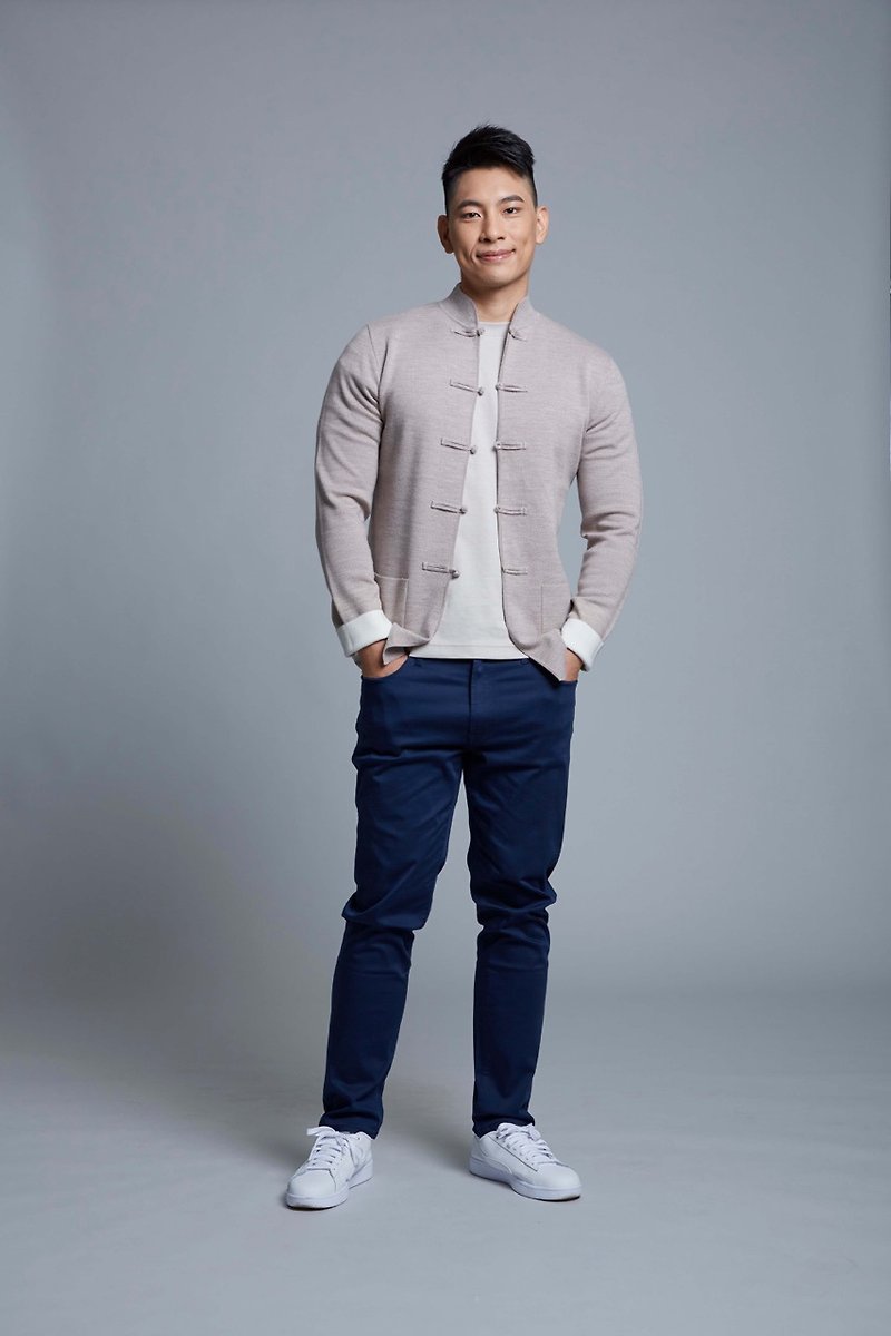 Bicolor 100% merino wool knitted tang jacket (Taupe/ White) - Men's Sweaters - Wool Khaki