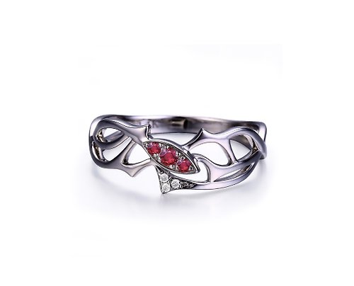 Majade Jewelry Design 紅寶石14k金鑽石馬眼形訂婚戒指 樹枝造型求婚鑽戒 荊棘結婚戒指
