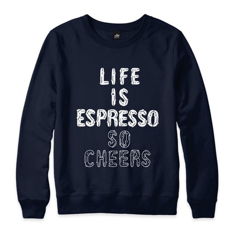 LIFE IS ESPRESSO SO CHEERS - 藏青 - 中性版大學T - 男 T 恤 - 棉．麻 藍色