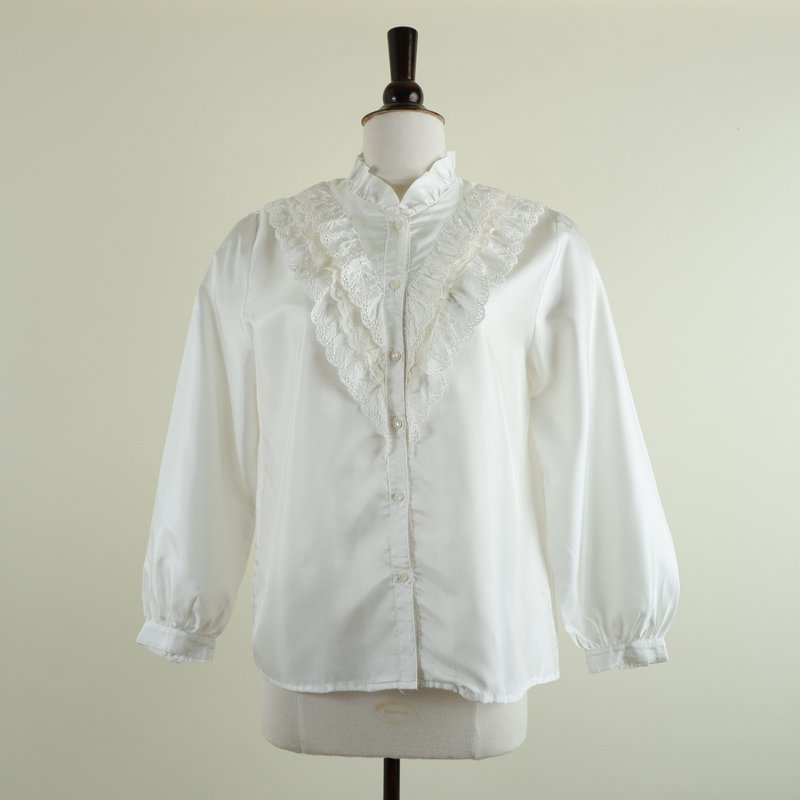 Vintage Off White Long Sleeve Blouse With Lace Detail - Women's Tops - Polyester White