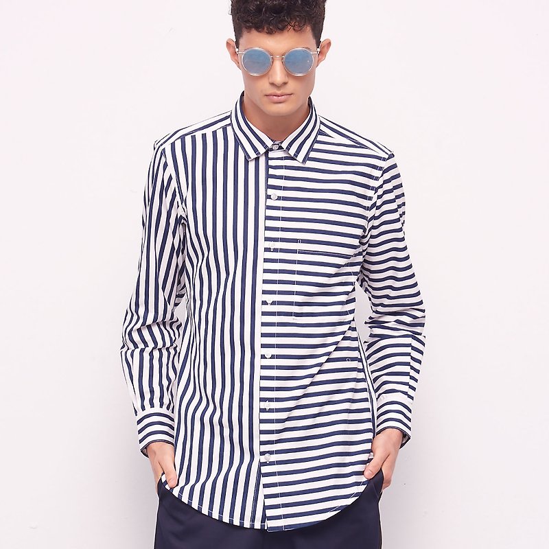 Stone@s Printed Shirts / dark blue striped stitching shirt - Men's Shirts - Cotton & Hemp Blue